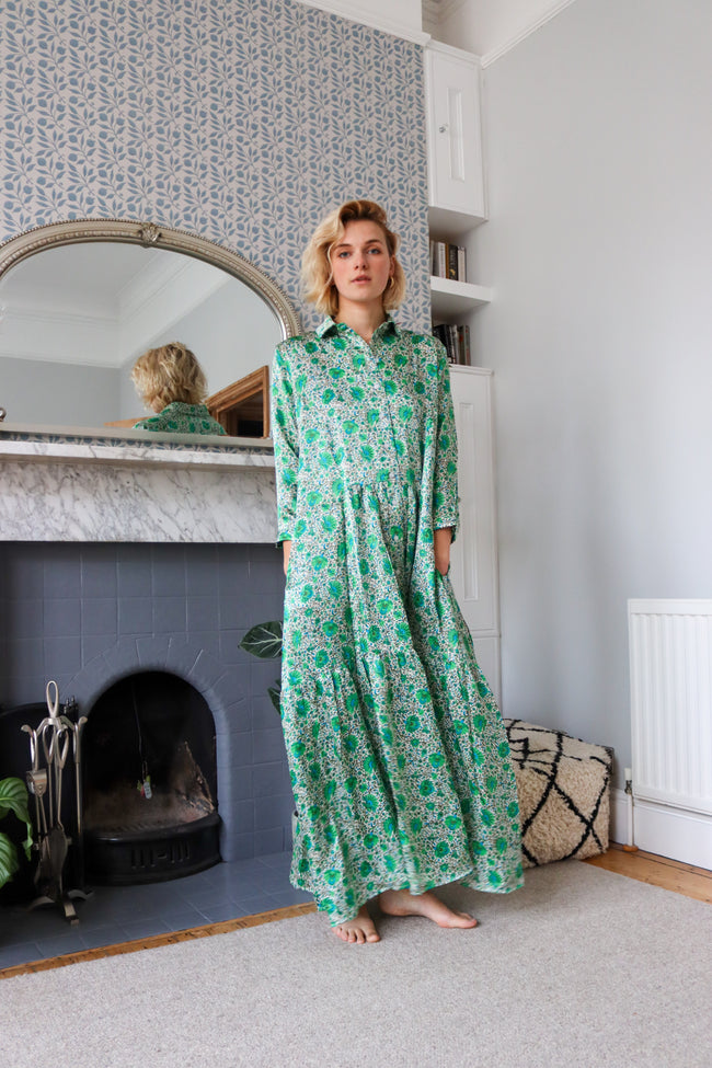 Emerald Garden Silk Shirt Dress