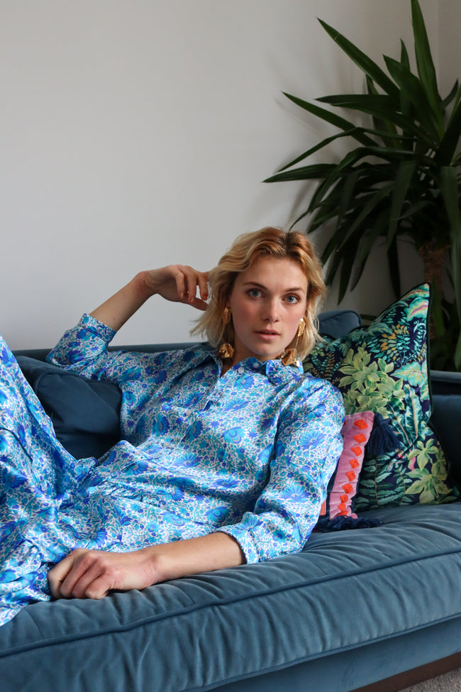 Sapphire Garden Silk Shirt Dress