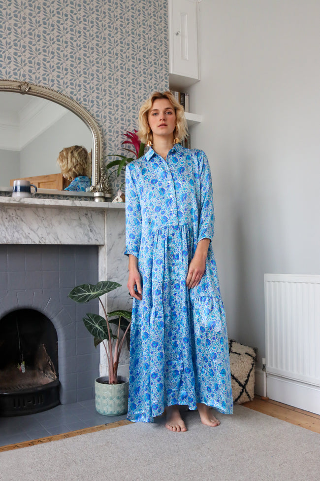 Sapphire Garden Silk Shirt Dress