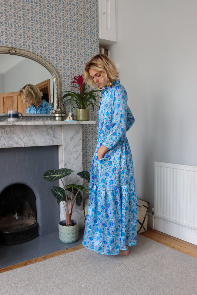 Sapphire Garden Silk Shirt Dress