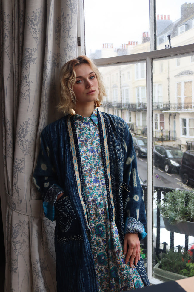 Blue Garden Silk Shirt Dress