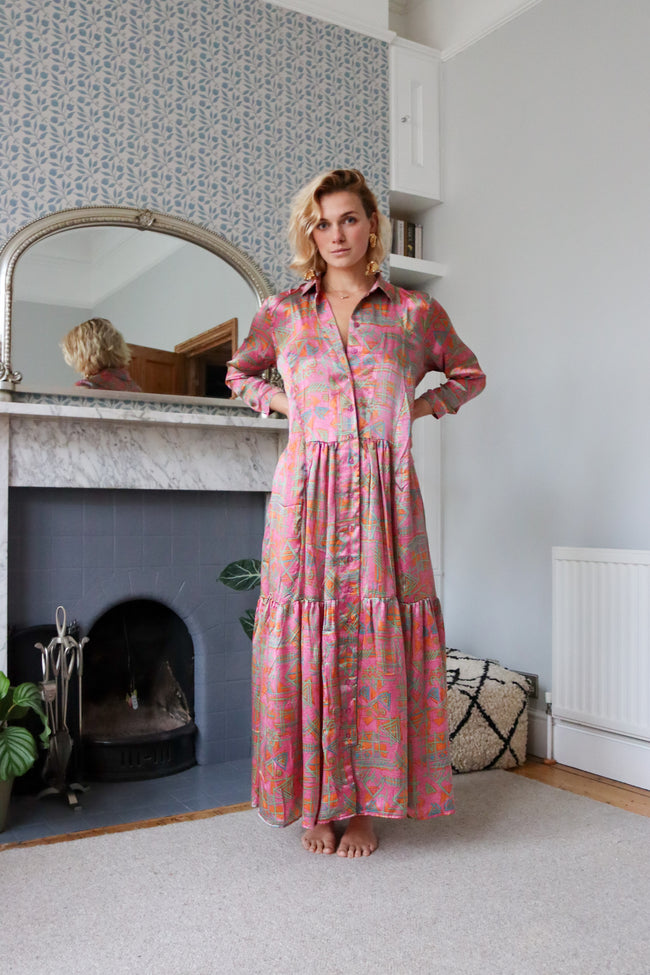 80s Baby Pink Silk Shirt Dress