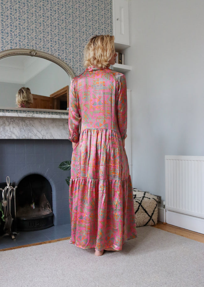 80s Baby Pink Silk Shirt Dress