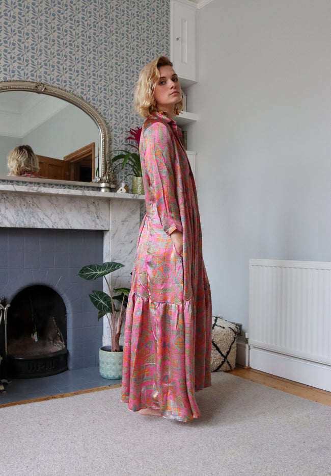 80s Baby Pink Silk Shirt Dress