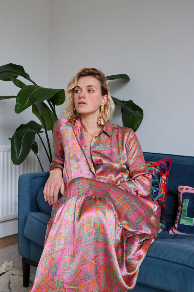 80s Baby Pink Silk Shirt Dress