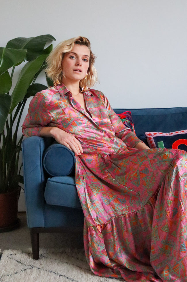 80s Baby Pink Silk Shirt Dress