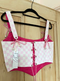 UK12 Pink Checkerboard Denim Corset