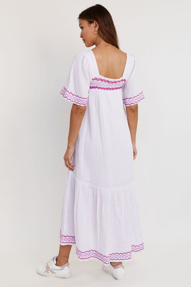 Gracie Embroidered Organic Cotton Maxi Dress by Aspiga London | WHITE/ LILAC/ MAGENTA