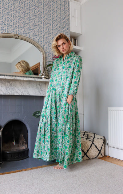 Emerald Garden Silk Shirt Dress