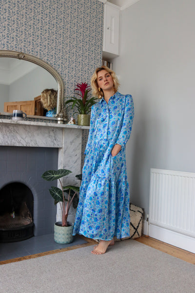 Sapphire Garden Silk Shirt Dress