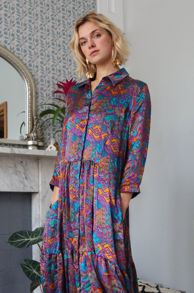 purple silk shirt dress LAND plum - fluid silk shirt dress