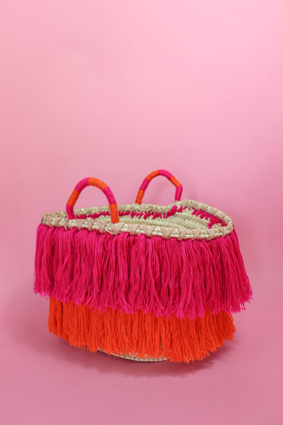 Cotton Tassel Fringe Basket Pink and Orange