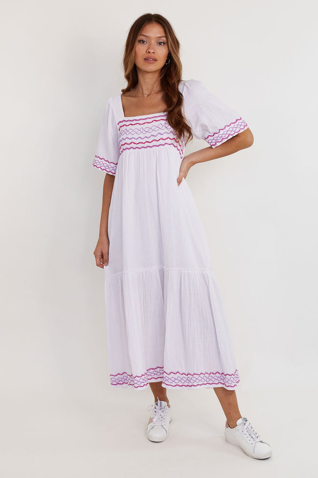 Gracie Embroidered Organic Cotton Maxi Dress by Aspiga London | WHITE/ LILAC/ MAGENTA
